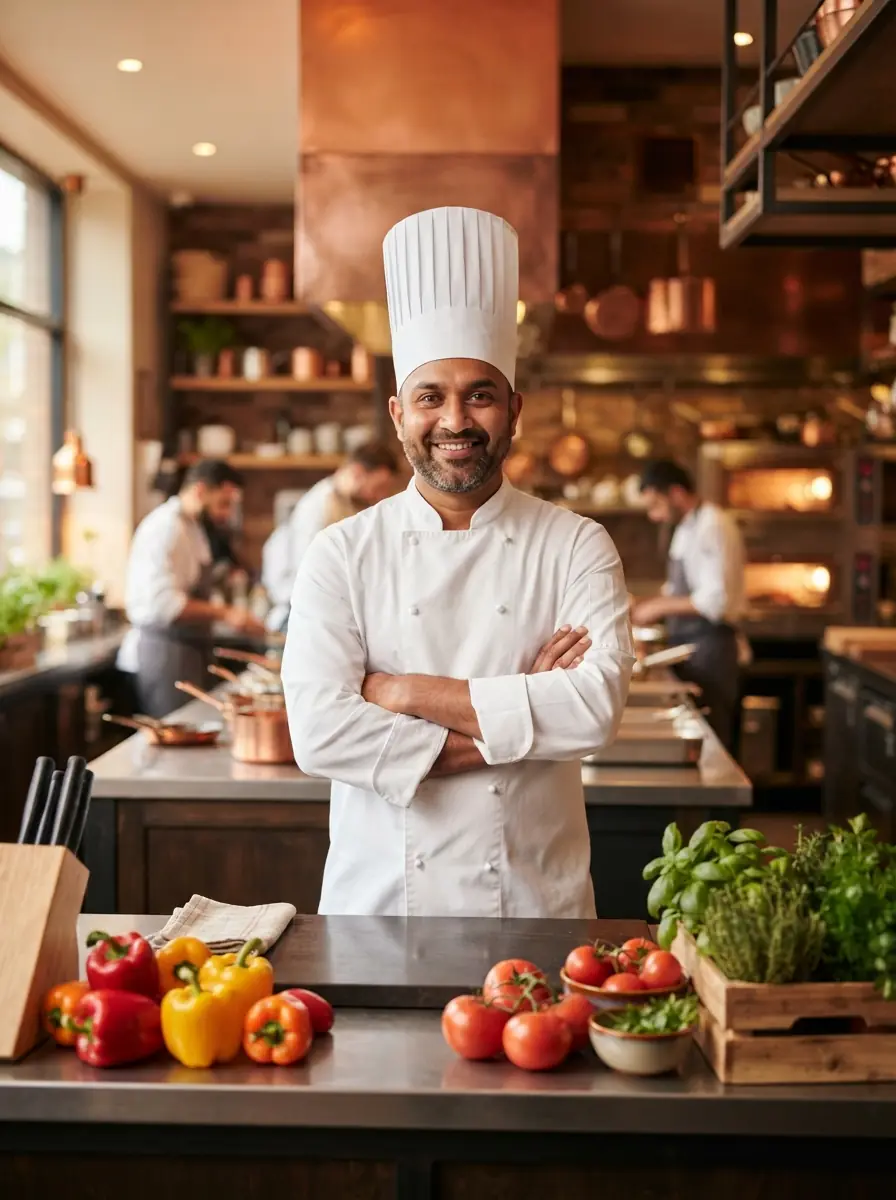 Smiling chef in a white uniform with arms crossed in a restaurant kitchen